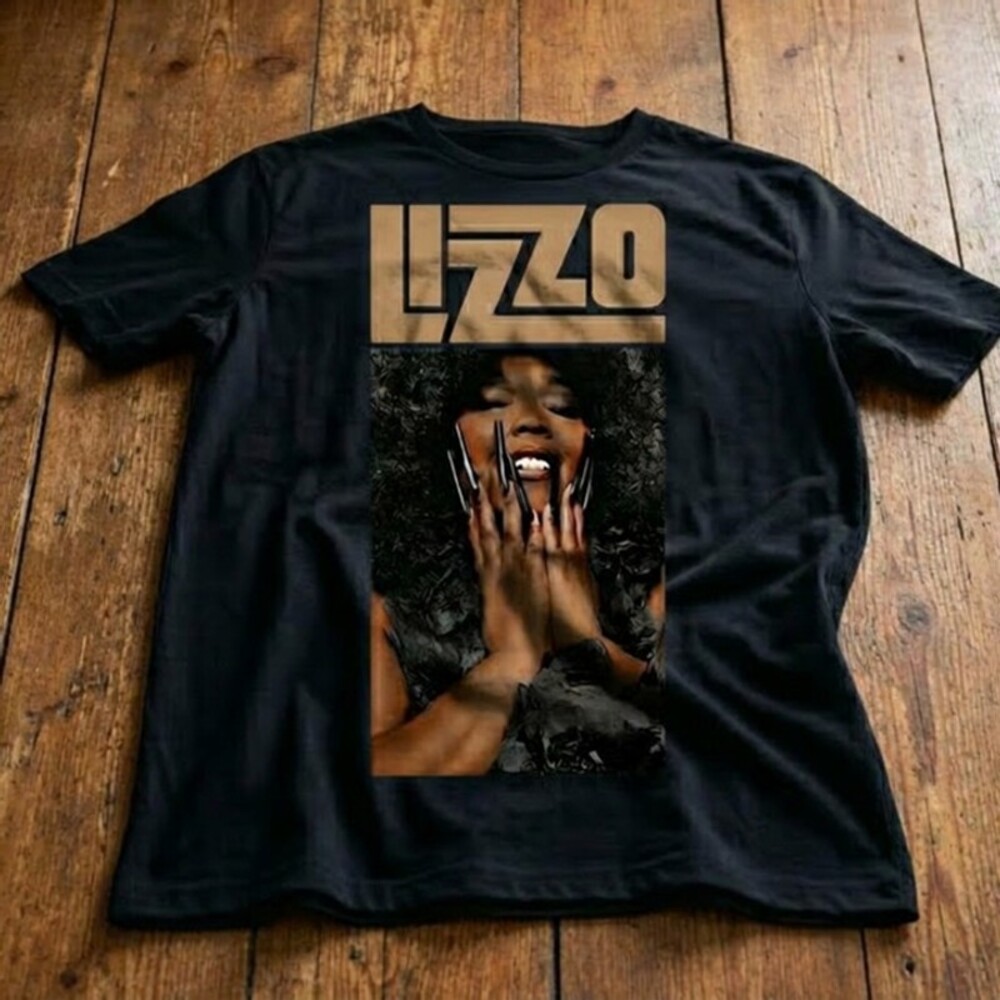 Lizzo Graphic T-Shirt - Gold Logo Portrait Black Tee Pop Music Merch